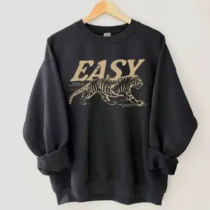 Vintage Easy Tiger Sweatshirt, Vintage Animal Graphic Tiger Tee, Unisex Boho Aesthetic Sweater, Soft Retro Style Top Pullover- Cotton Black Matching