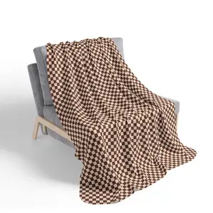 Fleece Blanket, Brown Checkerboard Pattern Designer Throw LV Fashion Home Decor, Sherpa Blanket, Elegant Interior Neutral, Designer Bedding,