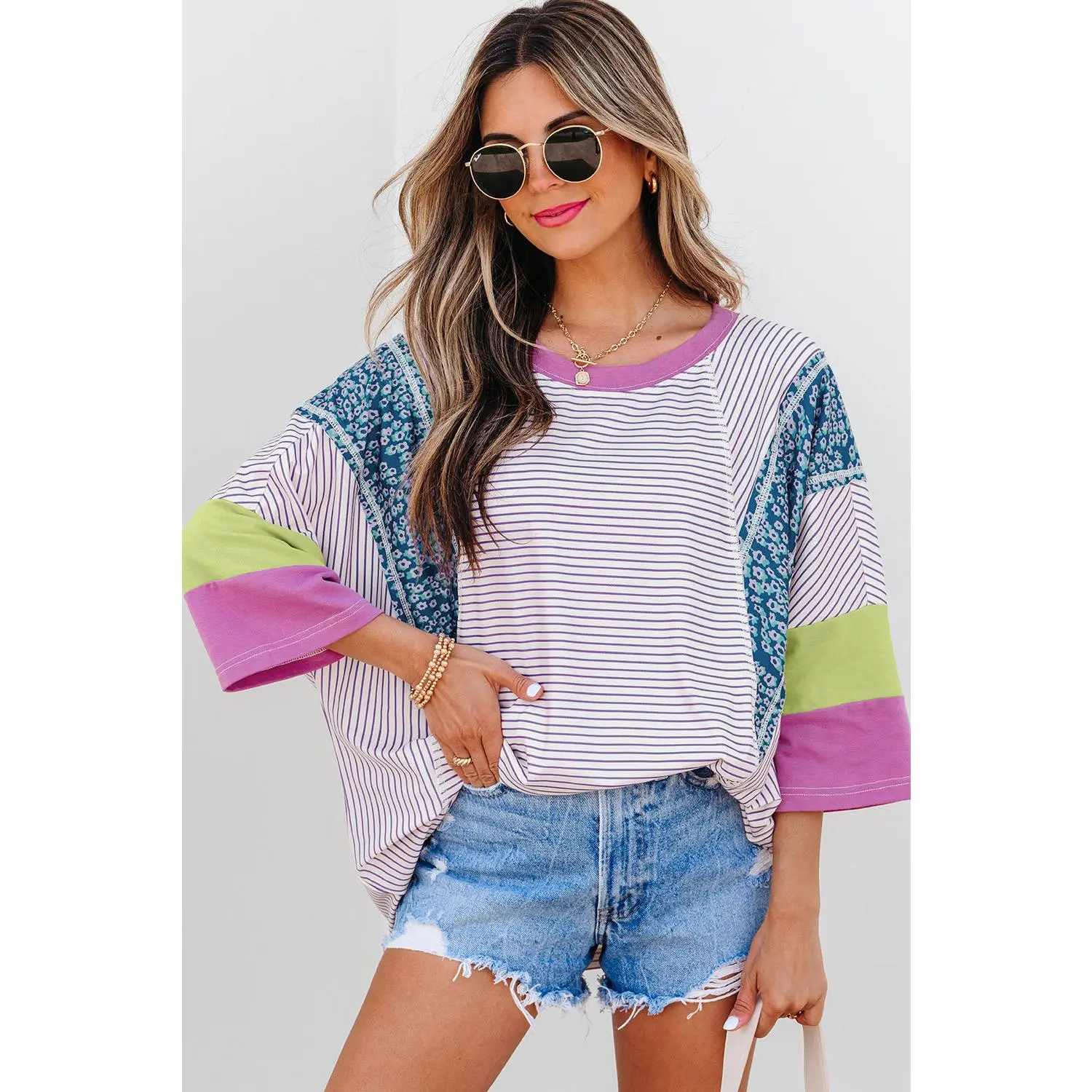 Purple Stripe Floral Color Block Raw Edge Patchwork Bracelet Sleeve Blouse