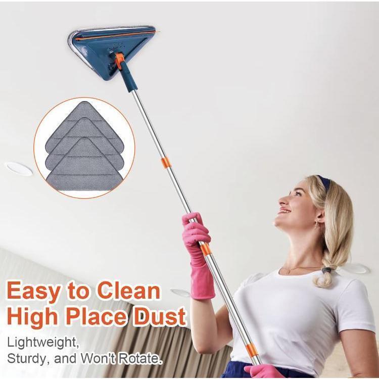 Long Handle Wall Cleaner Adjustable Length WallMop 360° Spinning Head Floor Wall WashingCleaning Tool for Walls Ceiling Fans FloorsBaseboards Dust Kitchen General Purpose, 6Replacement Pads and 1 Silicone Squeegee