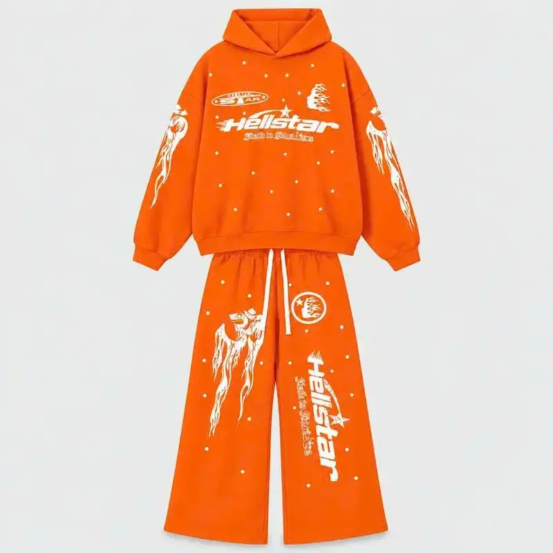 Hellstar 2-Piece Tracksuit with Multicolored Flaming Star Graphic | Y2K-Style Pullover Hoodie and Wide-Leg Sweatpants | Unisex Streetwear