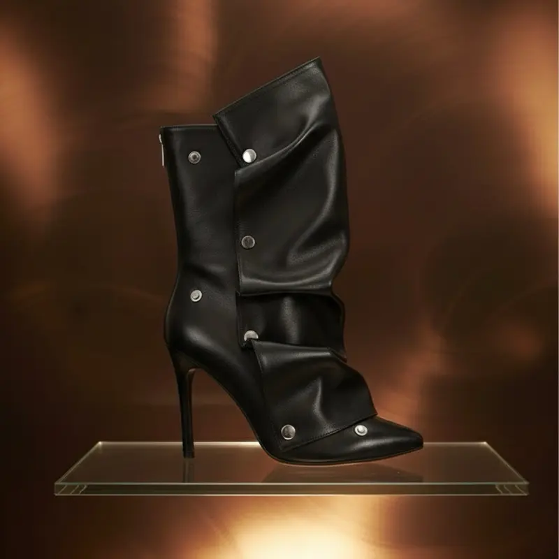 Nayla Black Ruffle Bootie - High Heel Stiletto Boots with Button Detail and Ruffle Design for Women