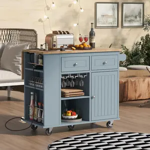 Kitchen Island with Power Outlet,Kitchen Storage Island with Drop Leaf and Rubber Wood,Open Storage and Wine Rack,5 Wheels,with Adjustable Storage for Home, Kitchen, and Dining Room (Blue) Modern Sideboard Modern Credenza Cabinet