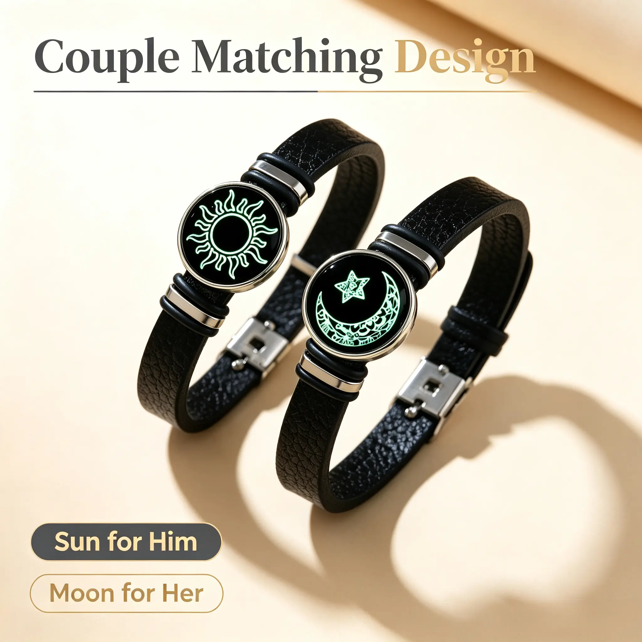 Glow In Dark Sun & Moon Matching PU Leather Bracelet Set, Luminous Adjustable Unisex Wrist Jewelry, Meaningful Charm Bracelets, Birthday Gift For Friends, Minimalist Daily Wear Bracelets For Men Women