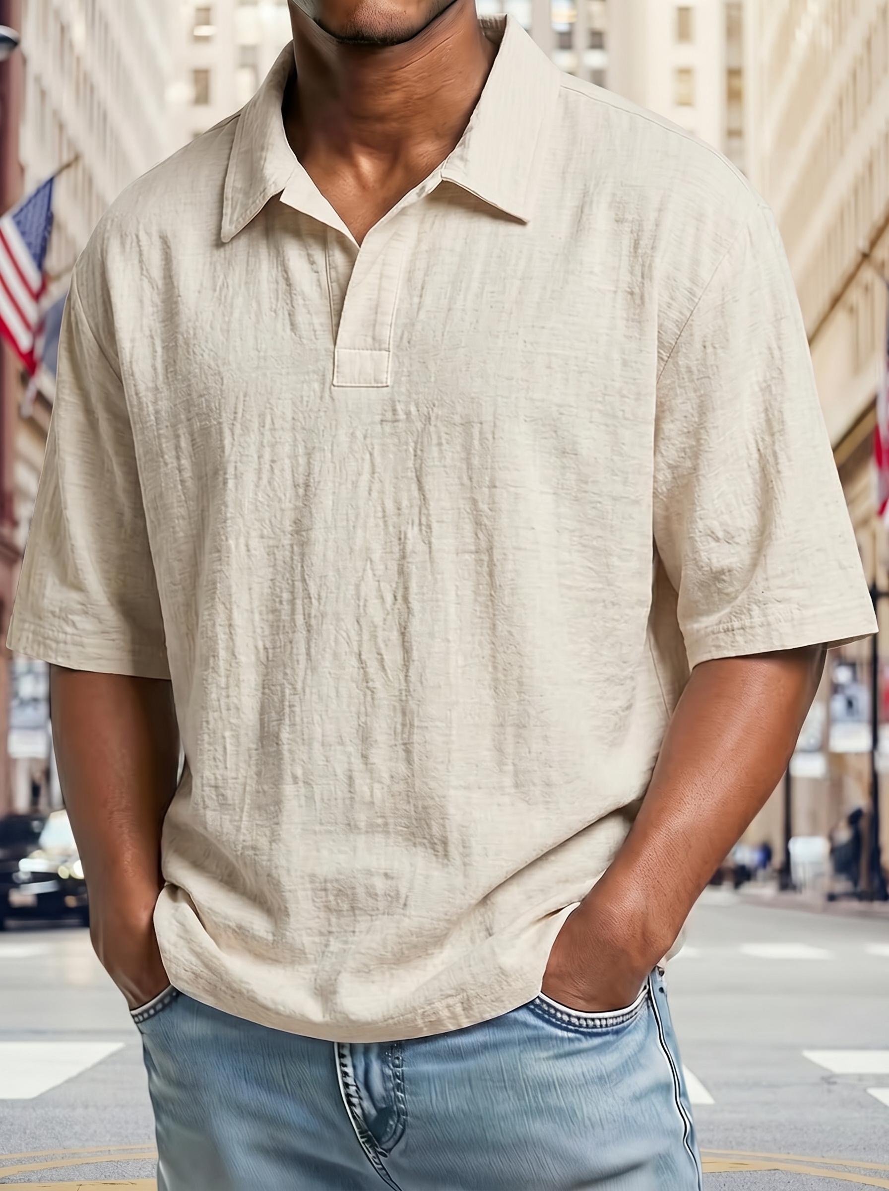 American Retro Men’s Casual Polo Shirt, 2026 New Style, Loose Fit Textured Short Sleeve, Solid Color Turn-Down Collar Top, Mature Style