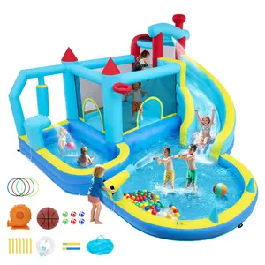 Inflatable Bounce House with Water Slide, Climbing Wall & Basketball Hoop for Kids Backyard
