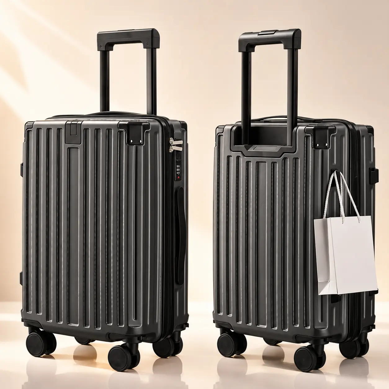 20-inch carry-on luggage, ABS hard shell suitcase with detachable spinner wheels, combination lock, side hook, aluminum corner guards, lightweight travel suitcase for business trips
