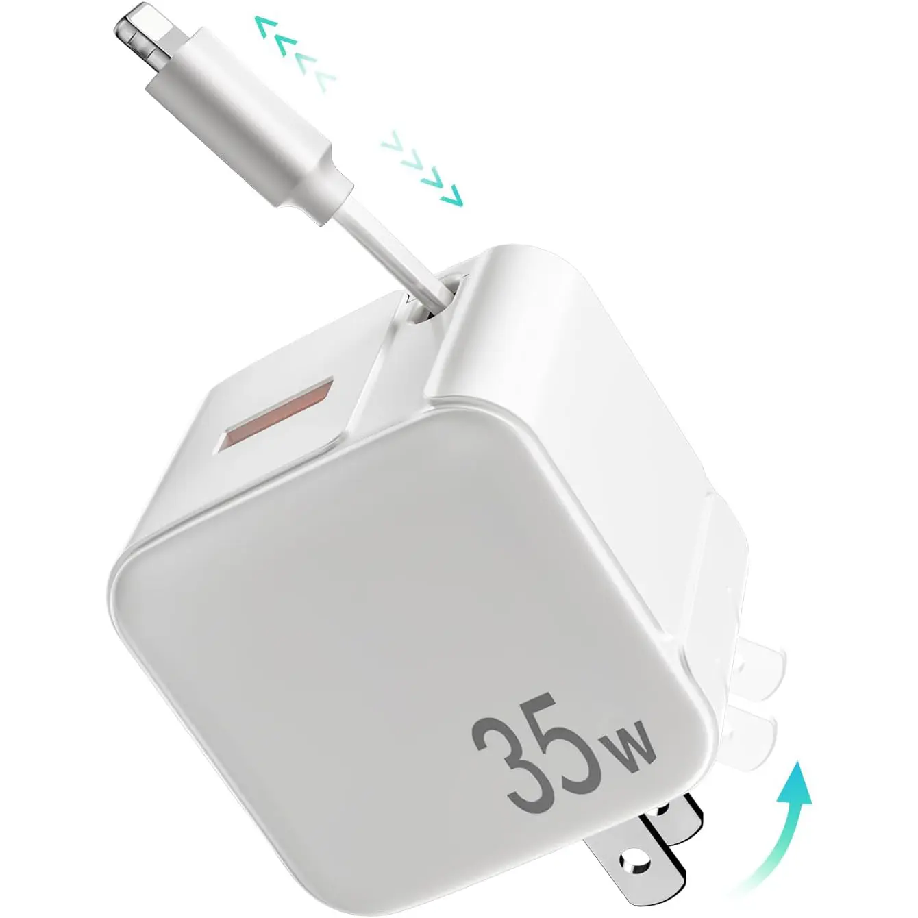 35W PD Fast Charging Retractable USB-A Electronic Phone Charger with Lightning Cable for iPhone, iPad, Smartphone, Collapsible Folding Plug Portable Chargers, Cellphone, International Travel