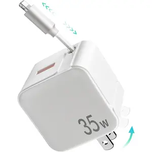 Retractable Wall Charger with Lightening Cables for iPhone and iPad, 35W PD Fast Charging, Foldable Plug, Portable Charger Adapter