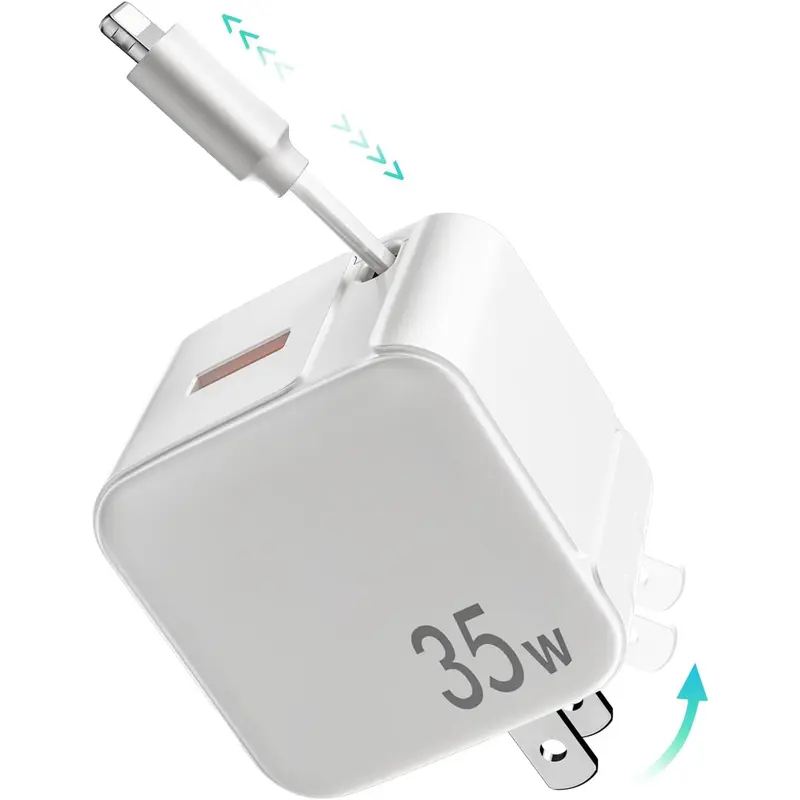 35W Fast Mobile Phone Charger with 90cm Retractable USB-A to Lightning Cable, Collapsible Plug, Portable for iPhone/iPad, Smartphone Charging for Travel Users & Bluetooth Speakers