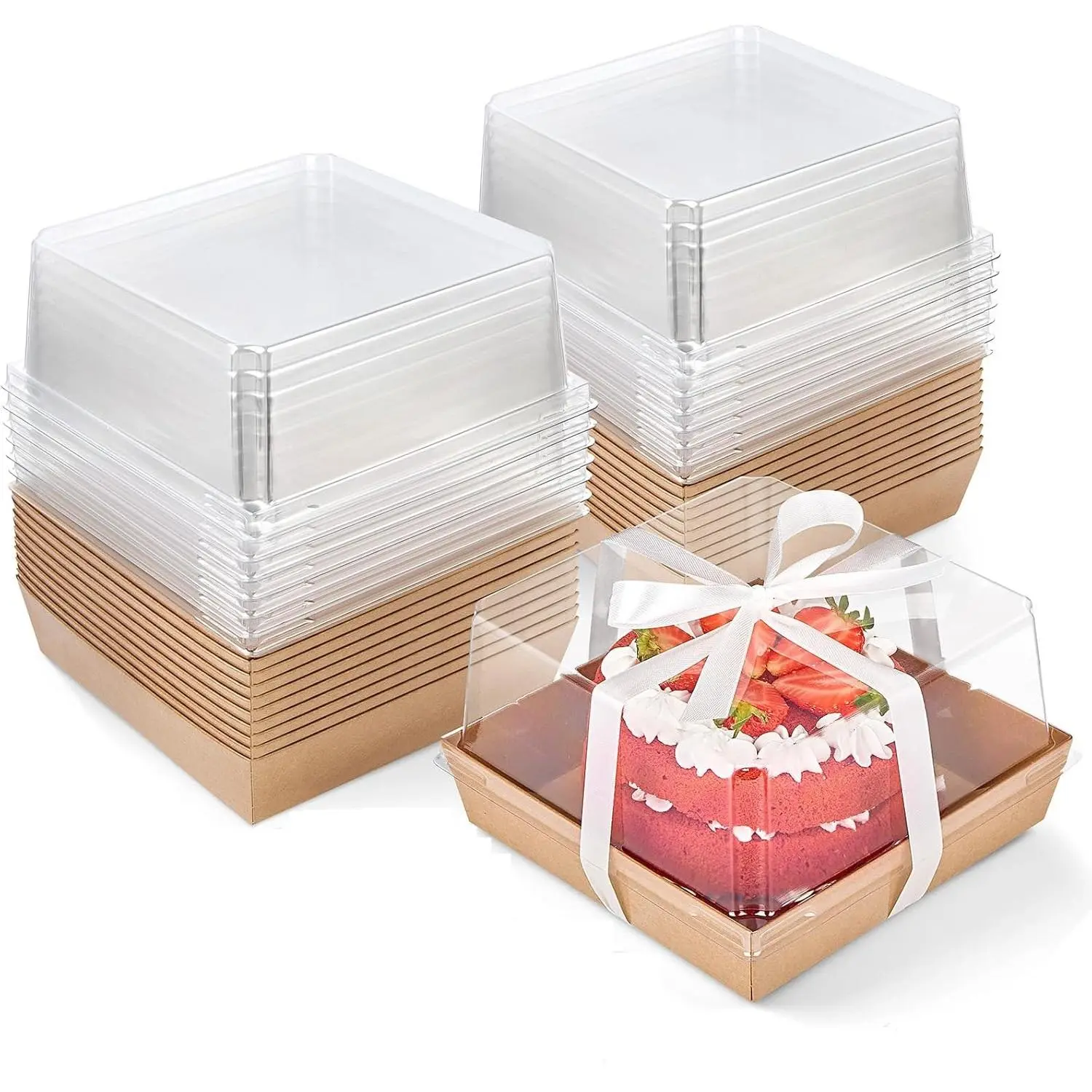 50 Pack 5 Inch Paper Charcuterie Boxes with Clear Lids, Square To Go Cake Slice Containers Small Kraft Bakery Boxes for Dessert, Cookies, Sandwich, Strawberries (Brown)