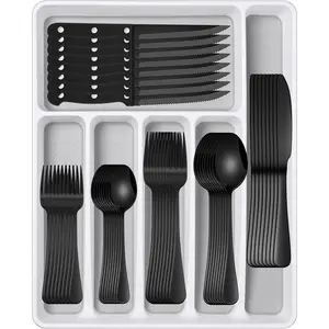 49 Pieces Black Stainless Steel Flatware Sets With Organizer, Silverware Sets With Steak Knives Service For 8, Black Tableware Cutlery Sets For Home Kitchen