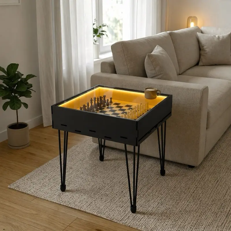 Venocci Rustic Scrabble Chess Display Coffee Table with Removable Top Glass 26.7" x 26.7" High-Quality Birch Plywood Rustic Finish Customizable Height