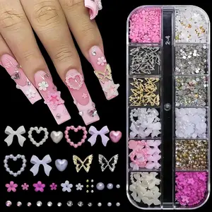 95pcs Y2K 3D Nail Charms Set, Rhinestones, Butterflies, Bows, Hearts and Flowers for DIY Nail Art Decoration, DIY Nail Kit