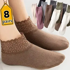8pairs Women's Velvet Floor Socks Mid-tube Non-slip Cotton Sock Super Soft Lace Short Sock Solid Color Breathable Boat Sock