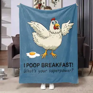 Funny Cartoon Chicken & Fried Egg Blue Throw Blanket with Humorous Slogan “I Poop Breakfast! What’s Your Superpower?”