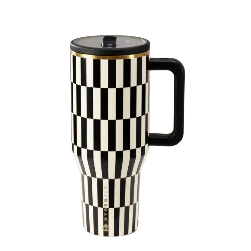 40oz Black Striped HydroJug Stainless Steel Insulated Flask - Portable Leakproof Travel Cup with Handle and Lid, Minimalist Iced Coffee Tumbler, Classic Textured for Car, Office Use