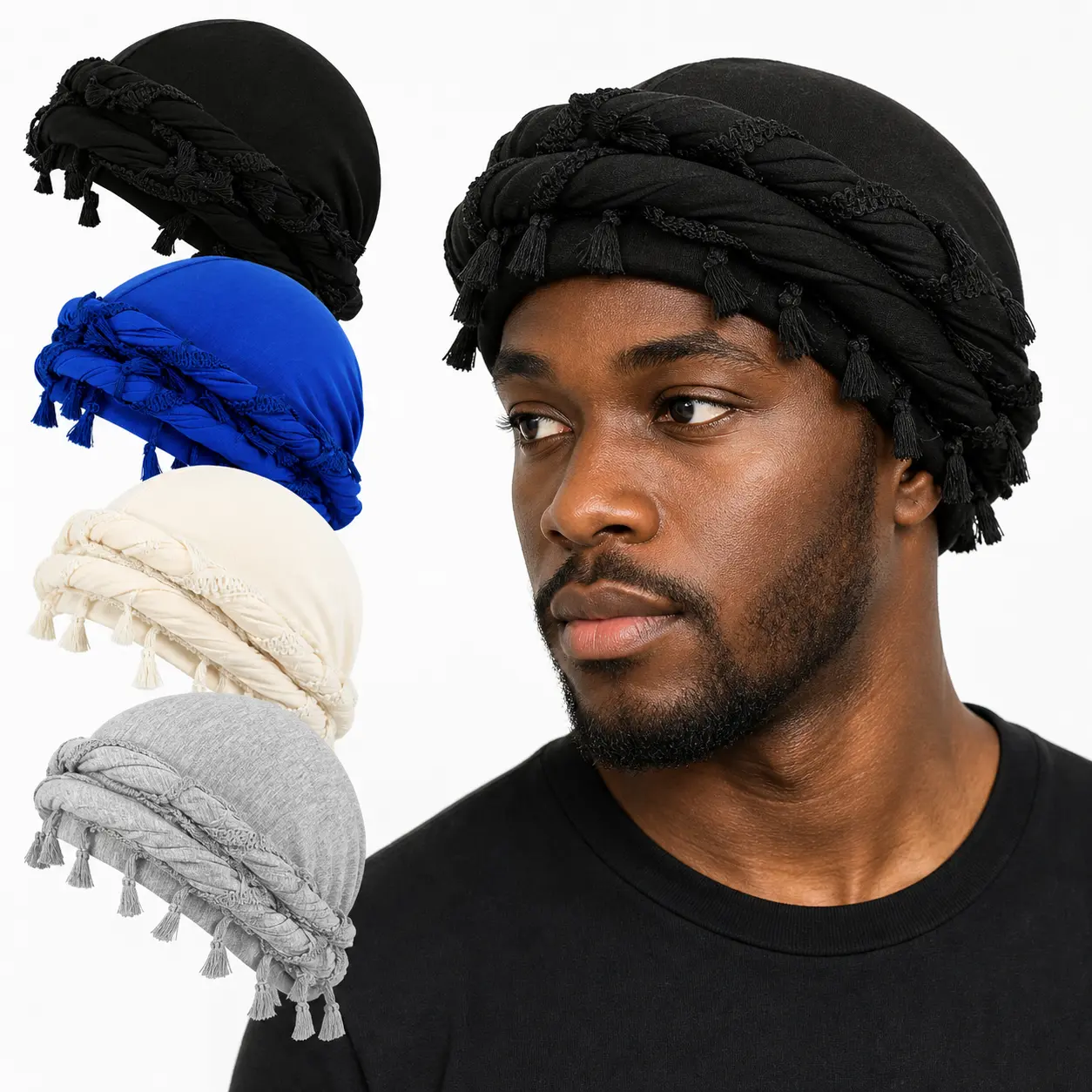 Men's Retro Tassel Head Wrap Turban - Stretchy Modal Fashion Headscarf, Male Headwrap Head Scarf for Biker, Festival Wear & Casual Occasions