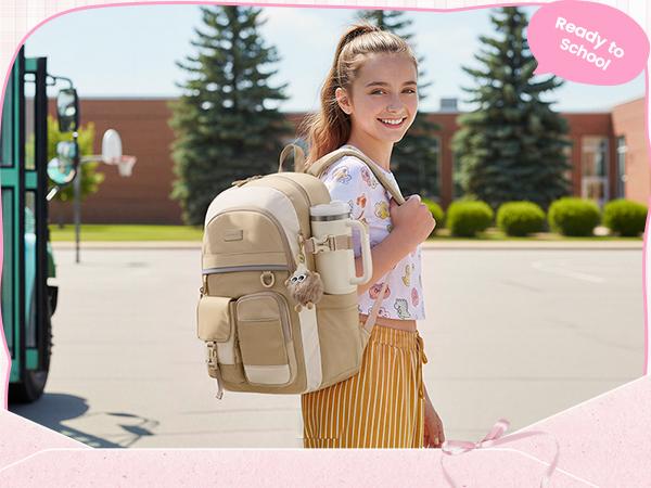 LOVEVOOK School Backpack for Teen Girls, Student Backpack Purse for 8-16 Teenage, Cute Kid Bookbag with Large Cup Holder, Back to School Backpacks Fit 15.6 Inch Laptop, Large College Travel Bag Gift