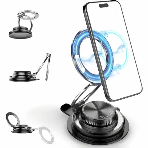 GUCCQUEEN Multifunctional Automotive Phone Holder - 360° Angle Dial Magnetic Suction Cup Car Mount, Black Car Interior Accessory for iPhone 17 Pro Max,16,15,14,13,12 Series & All Smartphones