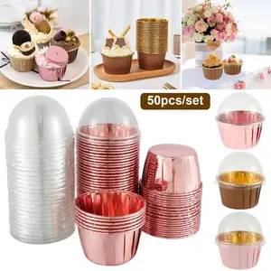50Pc Foil Cupcake Liners with Lids Heat Resistant 5.5oz Aluminum Cake Cups Round Foil Baking Cups Baking Utensils Supplies Kitchen Wedding Party Supplies