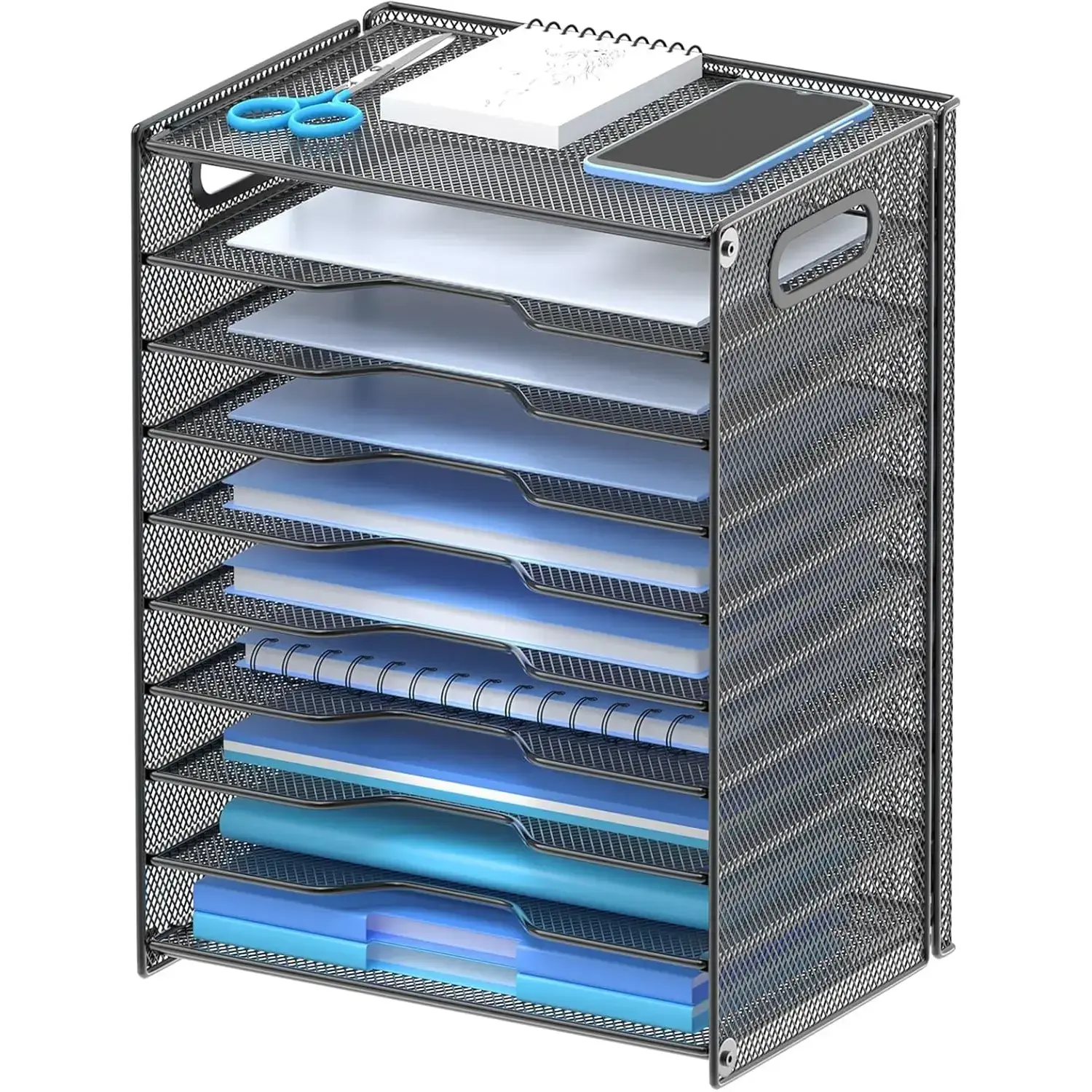 10-Tier Metal Mesh Paper Organizer - Letter Tray Desk File Organizer with Handles, Space Saving Storage, Strong & Easy to Install, Organizes Papers for Office Desktop, Black, 10-Tier Capacity