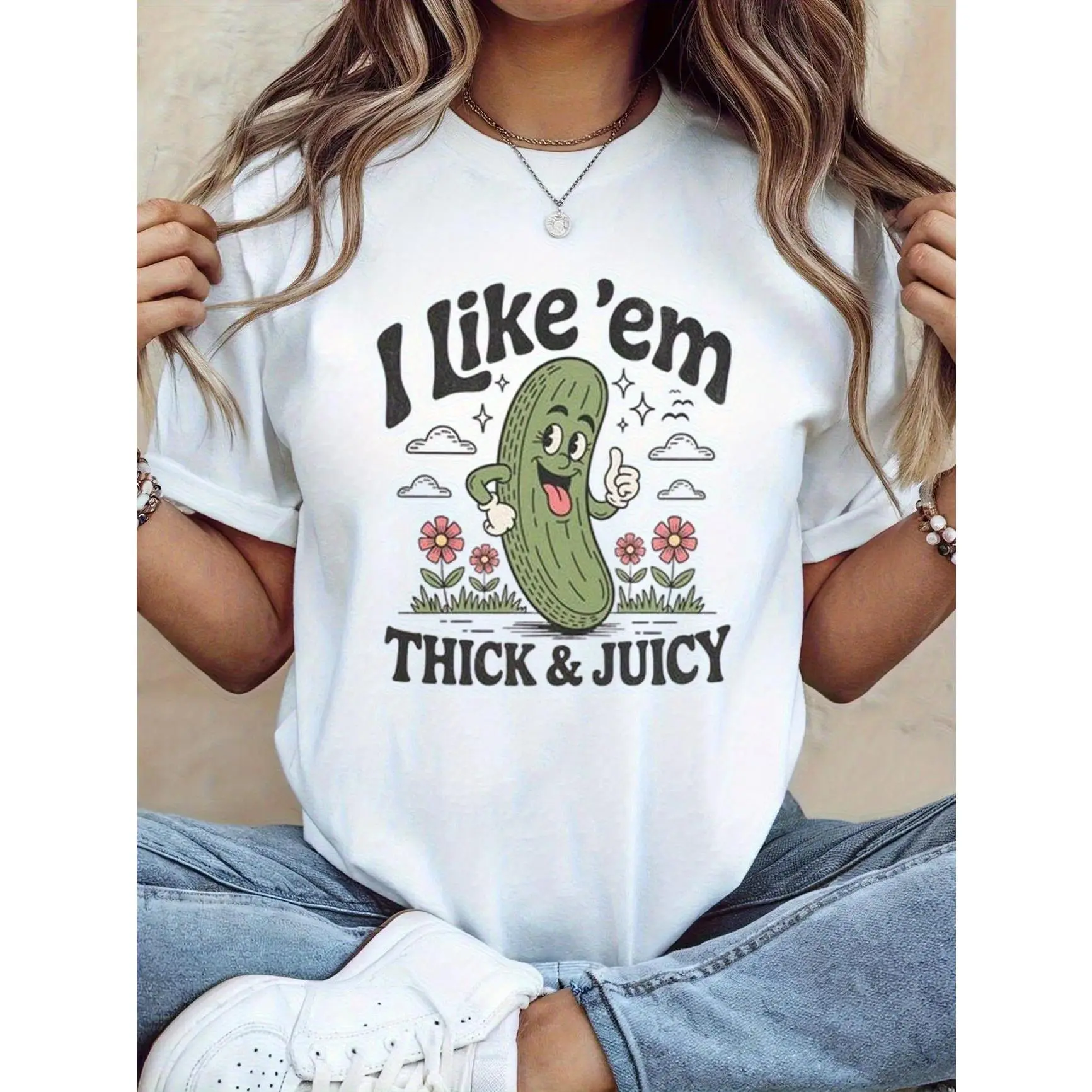 Women's Vintage Pickle Graphic Short Sleeve T-Shirt - Soft Breathable Fabric, Round Neck, Groovy Print, Cute Cheeky Streetwear, Loose-Fitting Relaxed Cut, Machine Washable, Casual Everyday Essential for Jacket Pairing, Comfortable Outfits
