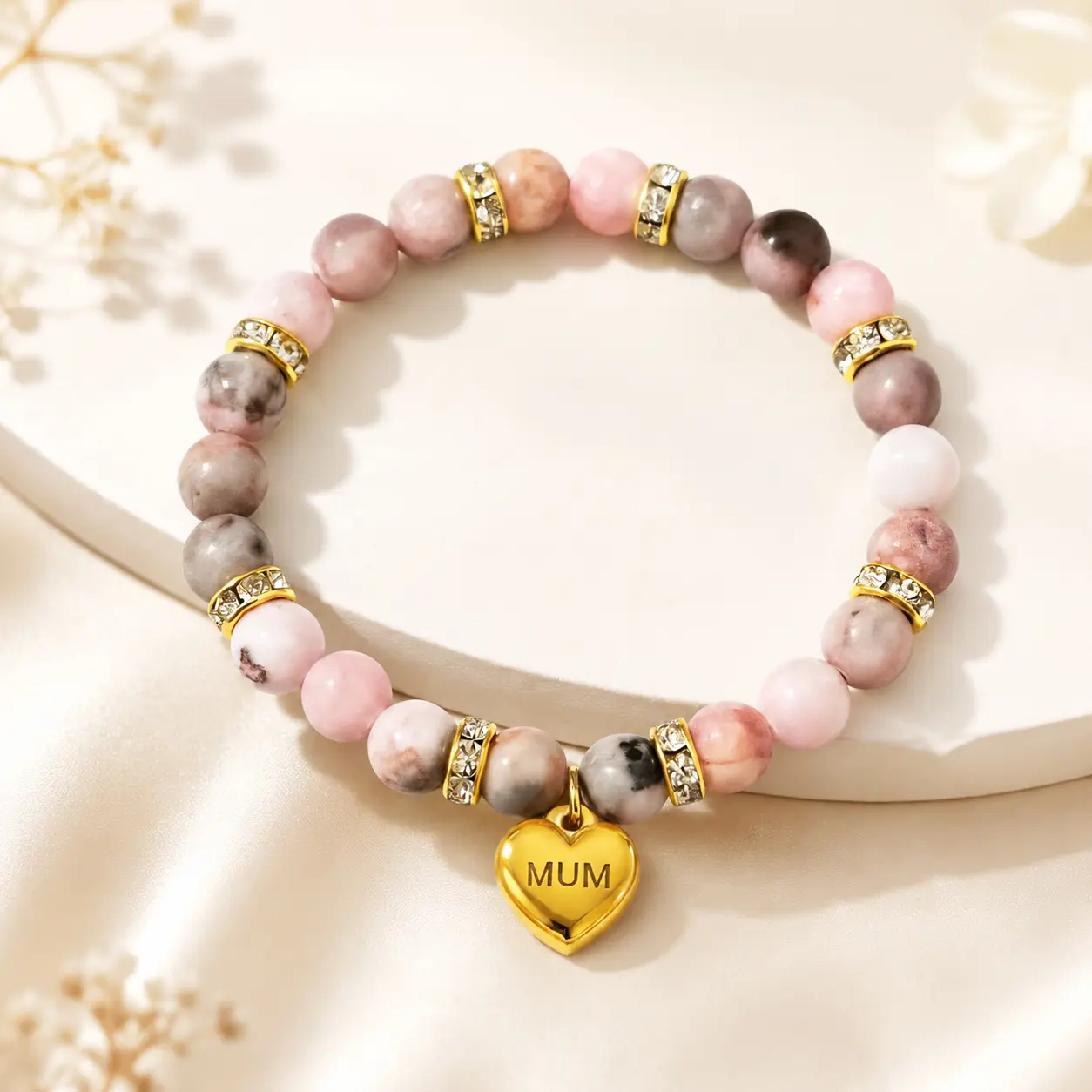 MUM Heart Charm Bracelet for Women, Pink Beaded Bracelet with Gold Tone Rhinestone Spacers, Mother’s Day Birthday Christmas Gift for Mom, Wife & Her, Bracelets, All Seasons