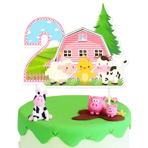 1Set Farm Animals 2anniversary Birthday Cake Topper Pink  Farm 2anniversary Birthday Party Decorations Girl Double Sided Farmhouse Barnyard Second Birthday Cake Decor