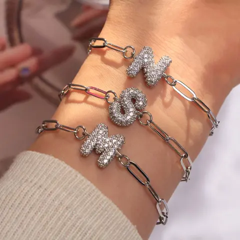 Women's Zircon Bubble Letter Link Bracelet - 26-Letter Adjustable Fit Feels Secure Bangle, Golden/Silver Paper Clip Chain Artificial Gemstone Jewelry, Stackable, Lightweight for All-Day Wear, Casual Trendy Accessory