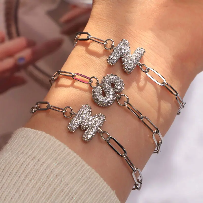 Women's Zircon Bubble Letter Link Bracelet - 26-Letter Adjustable Fit Feels Secure Bangle, Golden/Silver Paper Clip Chain Artificial Gemstone Jewelry, Stackable, Lightweight for All-Day Wear, Casual Trendy Accessory