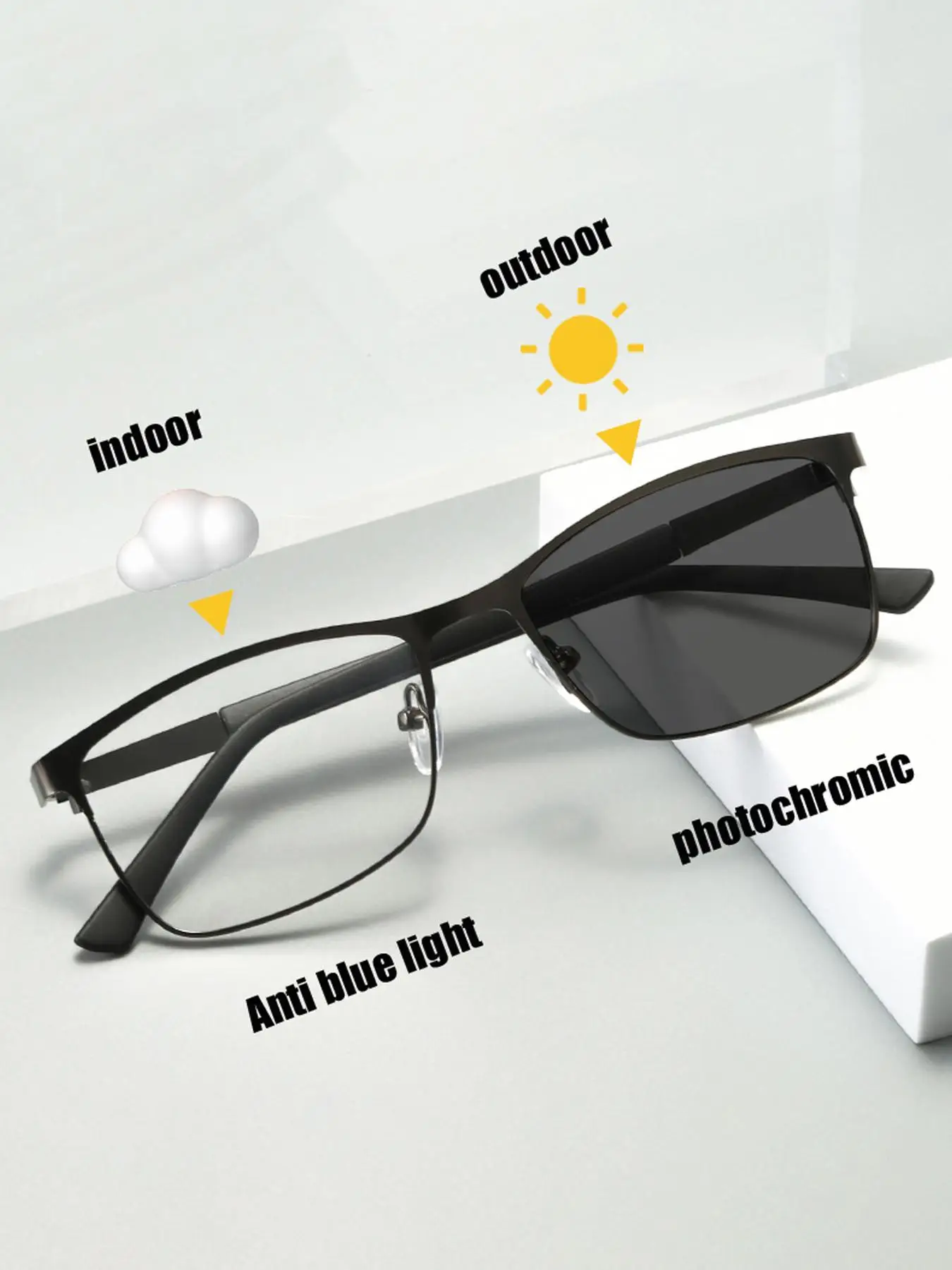 Photochromic Glasses, Minimalist Business Metal Full Frame Eyeglass, Fashion Eyeglasses for Men & Women, Photochromic Glasses for Daily Wear