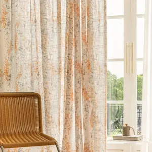 Burnt Orange Floral Semi Sheer Curtains Linen Textured for Living Room Patterned Leaf Light Filtering Privacy Boho Curtain for Dining Bedroom 84 inches Long Rod Pocket 2 Panels