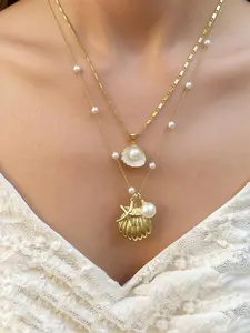 Boho Starfish Shell Layered Necklace, Summer Ocean Vacation Style, European and American Fashion, Casual and Stylish Two-Piece Set
