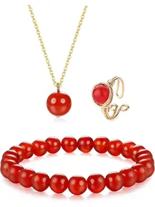 Carnelian Necklace Bracelet Ring For Women Gold Agate Healing Crystal Jewelry Set Stretchy Beads Bracelet Red Carnelian Crystal Necklace Ring Relief Anxiety Jewelry