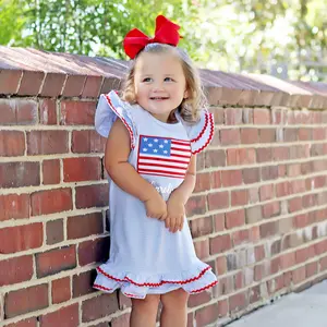 Flag Applique Light Blue Stripe Milly Dress - Soft Knit Girls Patriotic Outfit