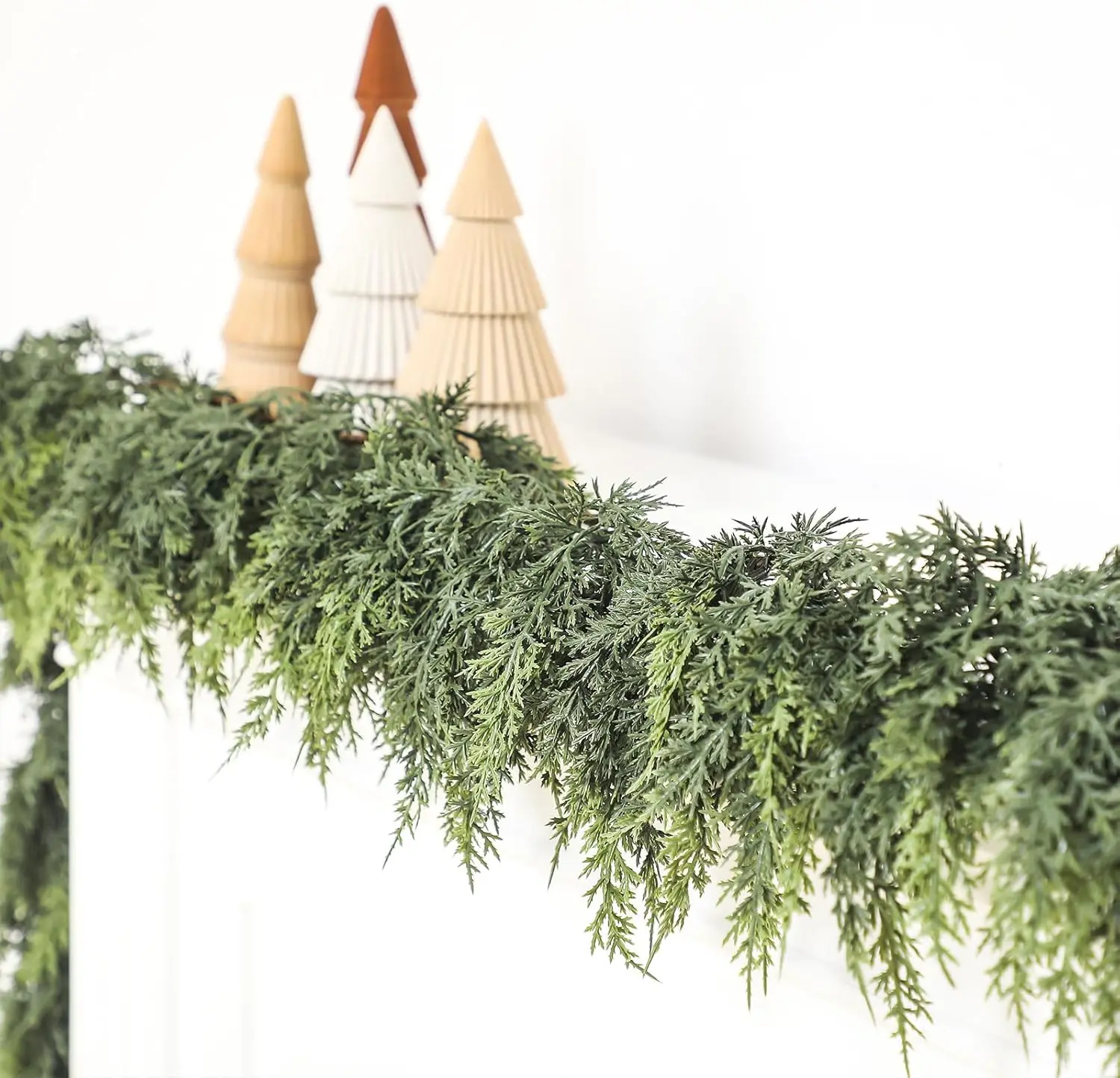 2 count Artificial Cedar Garlands, 6 FT Real Touch Winter Cedar Garland, Green Artificial Greenery Pine Garland for Table, Mantle, Wall, Indoor, Outdoor Christmas Decorations