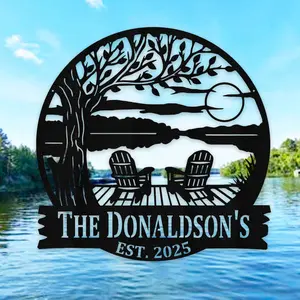 Personalized Lake House Metal Sign: Sunset Dock Scene, Family Name Monogram