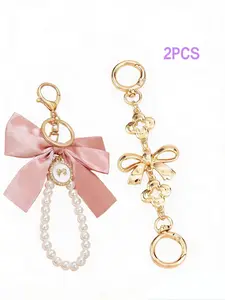 Clean Girl Wallet Accessories Elegant Bow Pearl Keychain, purse charms and chains，Cute Ribbon Bag Pendant Set of 2, All Seasons Style