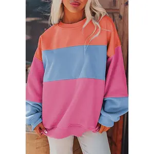 Bright Pink Colorblock Patchwork Drop Shoulder Sweatshirt