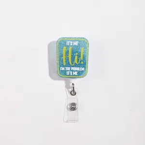 1pc Badge Reel, Blue Flash Powder Base, Square with Edge, Printed 'it's Me Hi! I'm the Problem It's Me', Fashion Accessory