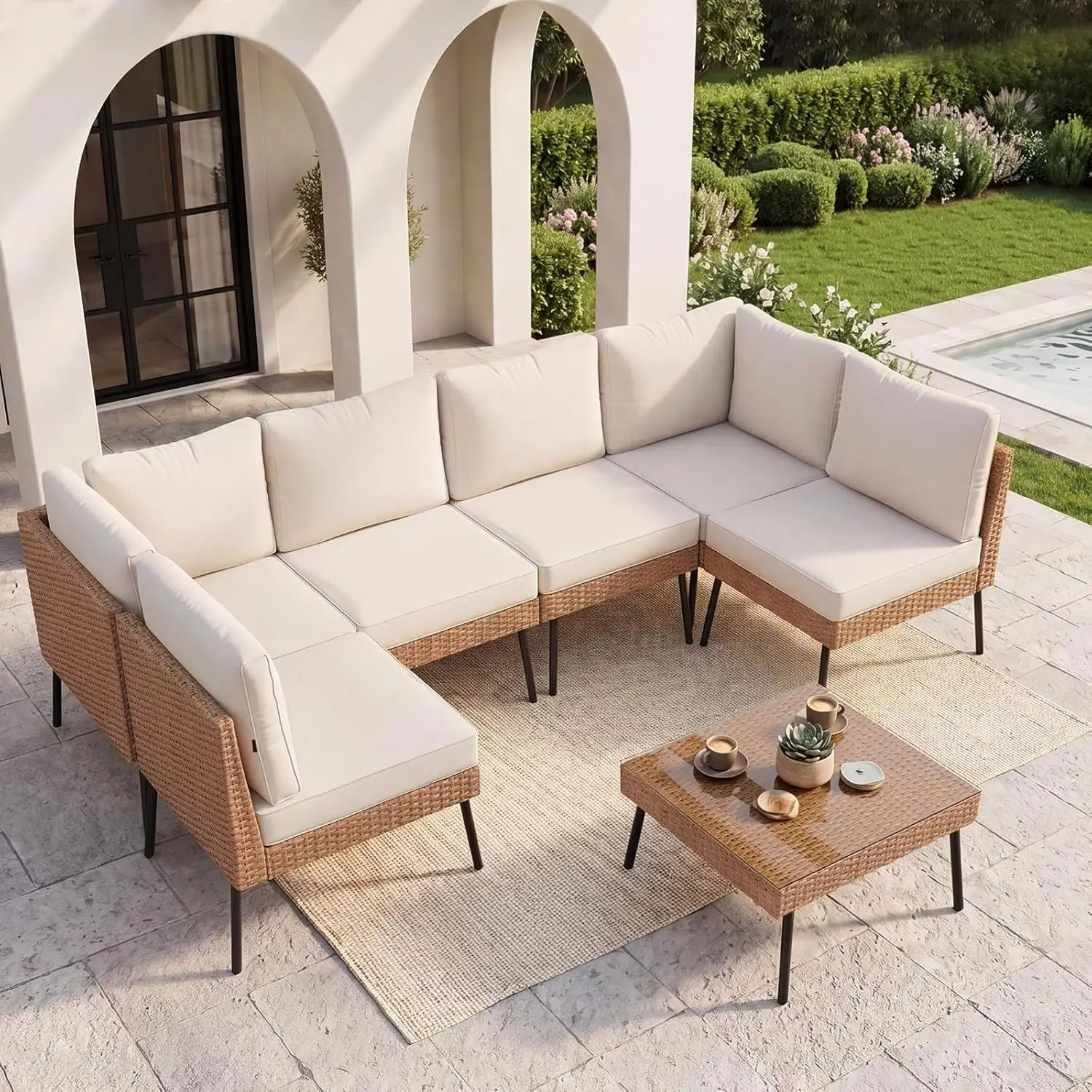 Aoxun 5-Piece Patio Furniture Set, Wicker Outdoor Furniture with Water Resistant Thick Cushions, Patio Conversation Set Outdoor Sectional Sofa with Coffee Table for Backyard Poolside
