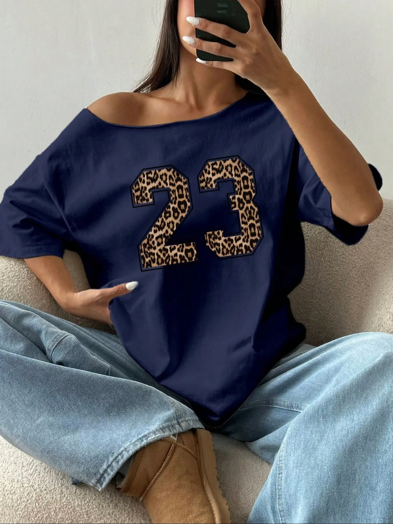 Off-Shoulder Leopard Print "23" Number Loose-Fit Cotton Casual Graphic T-Shirt | TikTok Viral Y2K Streetwear Aesthetic | Trendy Retro Sporty Vintage Top | Comfy Alt Fashion Daily Outfit | Must-Have Leopard Number Tee #LeopardAesthetic