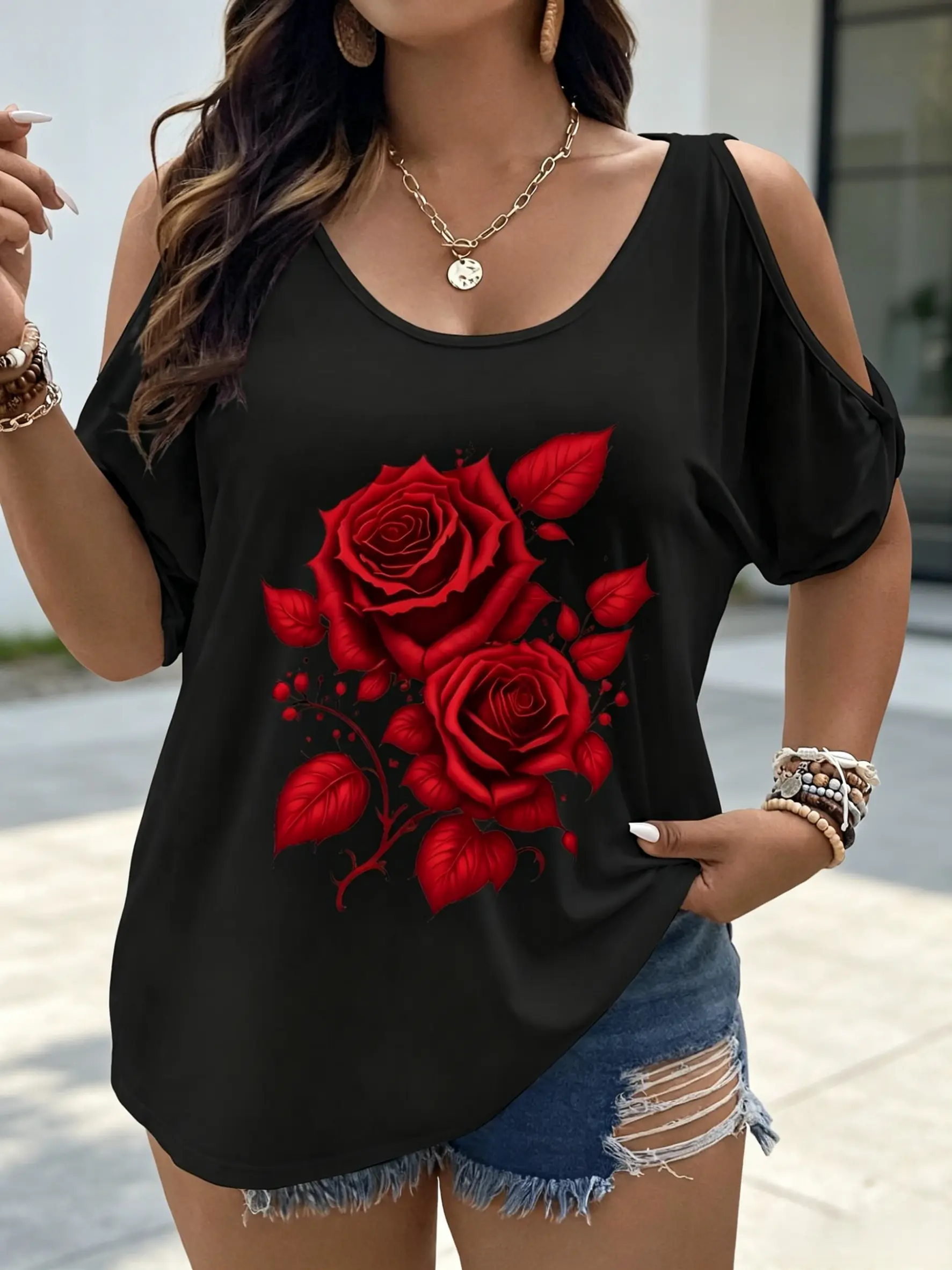 Plus Size - Trendy Oversized Tops for Women Featuring Red Roses, Irregular Sizes, And Elegant Cold Shoulder Designs. Perfect for Casual Retro Looks tshirt