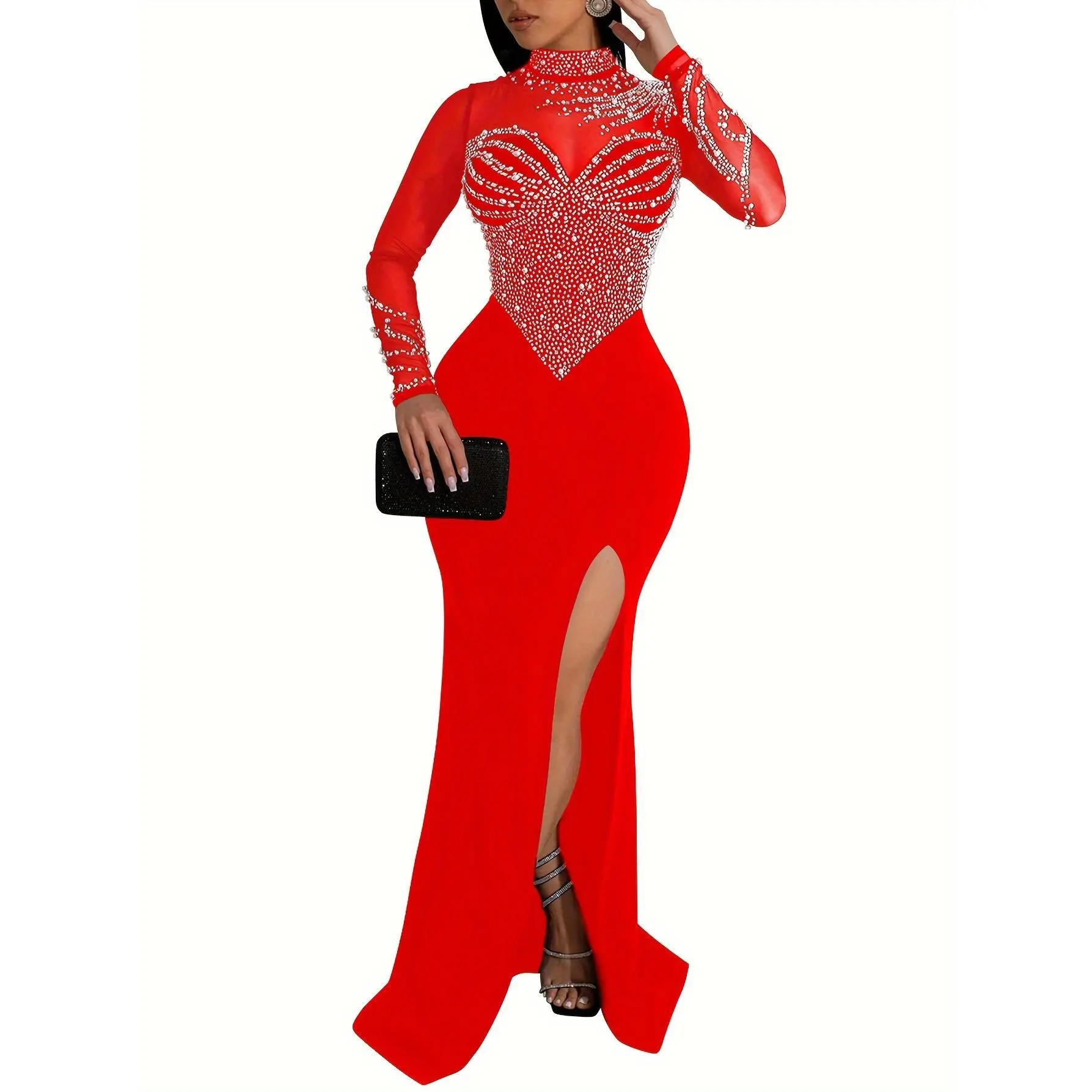 [Rhinestone Formal Mock Neck Dress] Rhinestone Mock Neck Formal Dress, Elegant Long Sleeve Split Thigh Dress For Party & Banquet, Women's Clothing Wedding/Occasion/Engagement/Ceremony/Evening dress