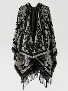 Elegant Casual Paisley Flower Split Front Poncho, Perfect for Travel Parties Holidays, Warm Thickened Large Size, Fall Winter Scarf