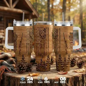Hunting Deer American Flag Car Cup (40oz/30oz/20oz) Rustic Wood Grain Engraved Pattern  Stainless Steel Double Wall Insulated  Durable Leak Proof Handle  Ideal for Outdoor Adventure  Camping  Hiking  Travel  Gift for Hunters summerwins