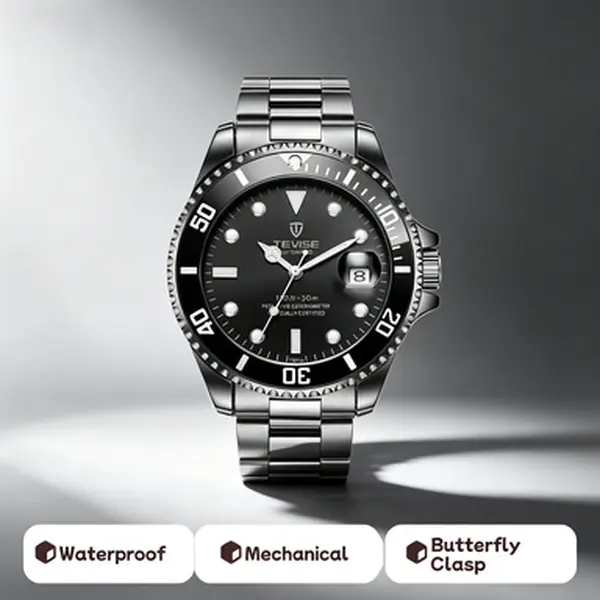 TEVISE T801A Automatic Mechanical Men's Watch, black dial, 30m waterproof, stainless steel band with butterfly clasp, luminous date display, Business/Sports mechanical timepiece, classic luxury watch as gift for men, Round, Father's Day Gift Option, All S