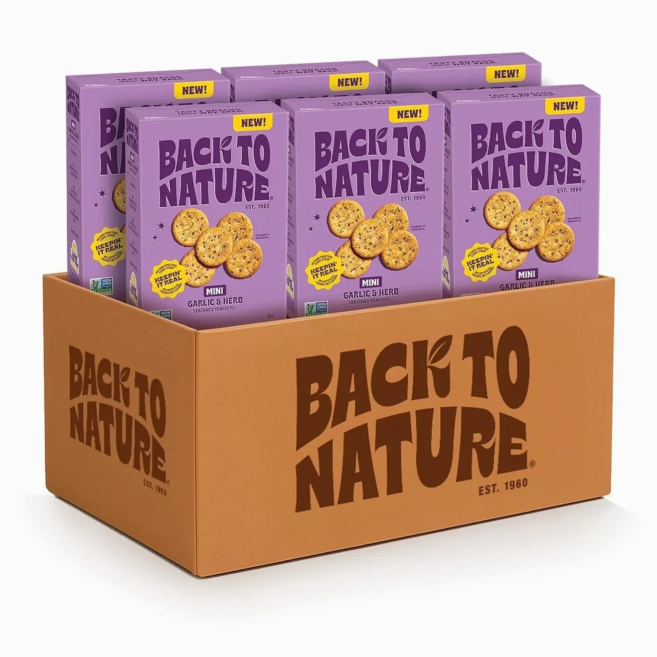 NEW Back to Nature Garlic & Herb Mini Seasoned Crackers, Non-GMO, Plant-Based Snack Cracker, Snack Happy, 5 oz Box (Pack of 6)