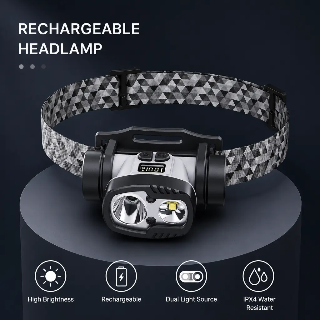 Dual LED Light Source Rechargeable Headlamp with Digital Battery Display, IP44 Splash Resistant, Adjustable Geometric Printed Elastic Headband, Multi Brightness Modes Portable Hands-Free Head Torch for Camping, Fishing, Night Running & Night Work